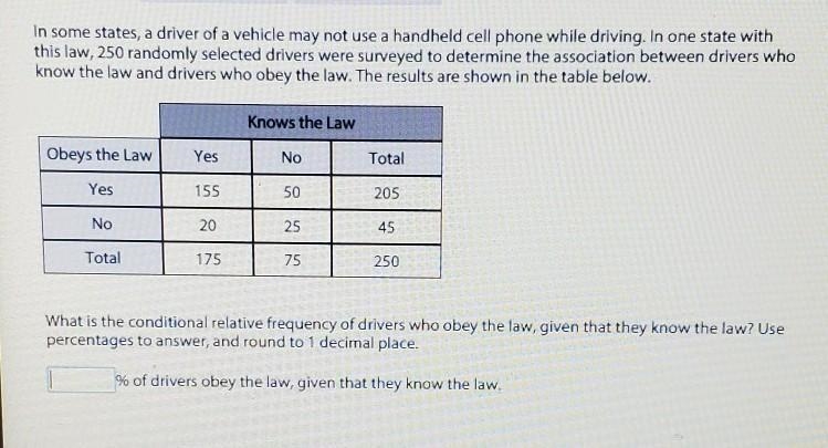 what is the conditional relative frequency of drivers to obey the law given that they-example-1