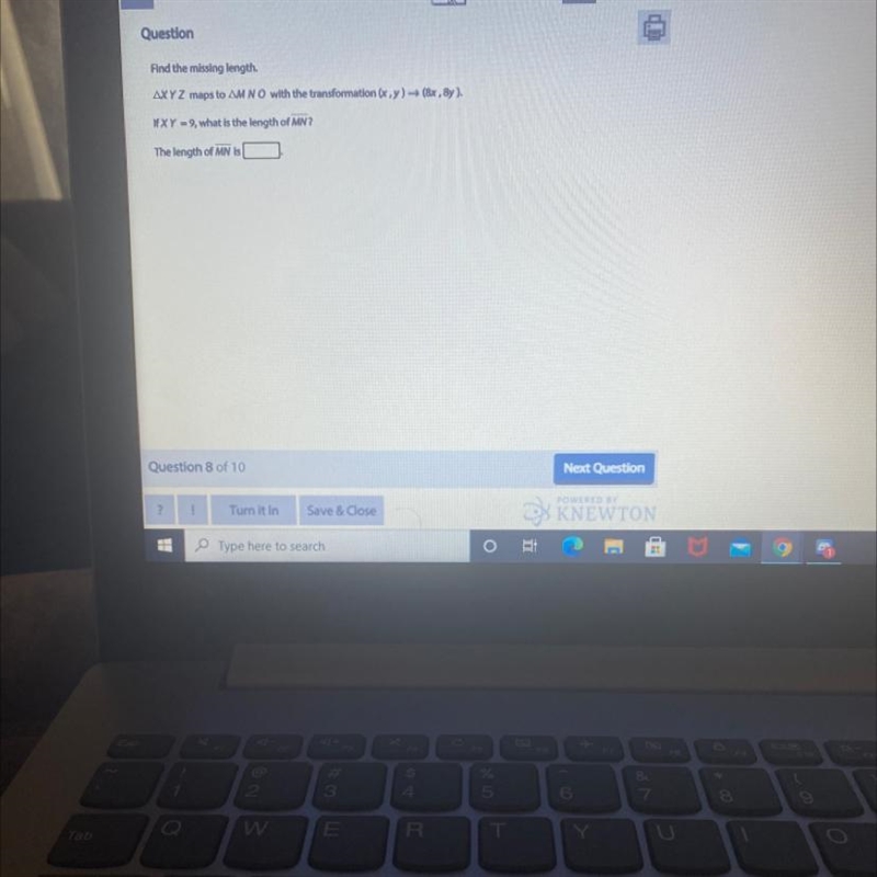QuestionFind the missing lengthAXYZ maps to AM NO with the transformation (x,y) -(8x-example-1
