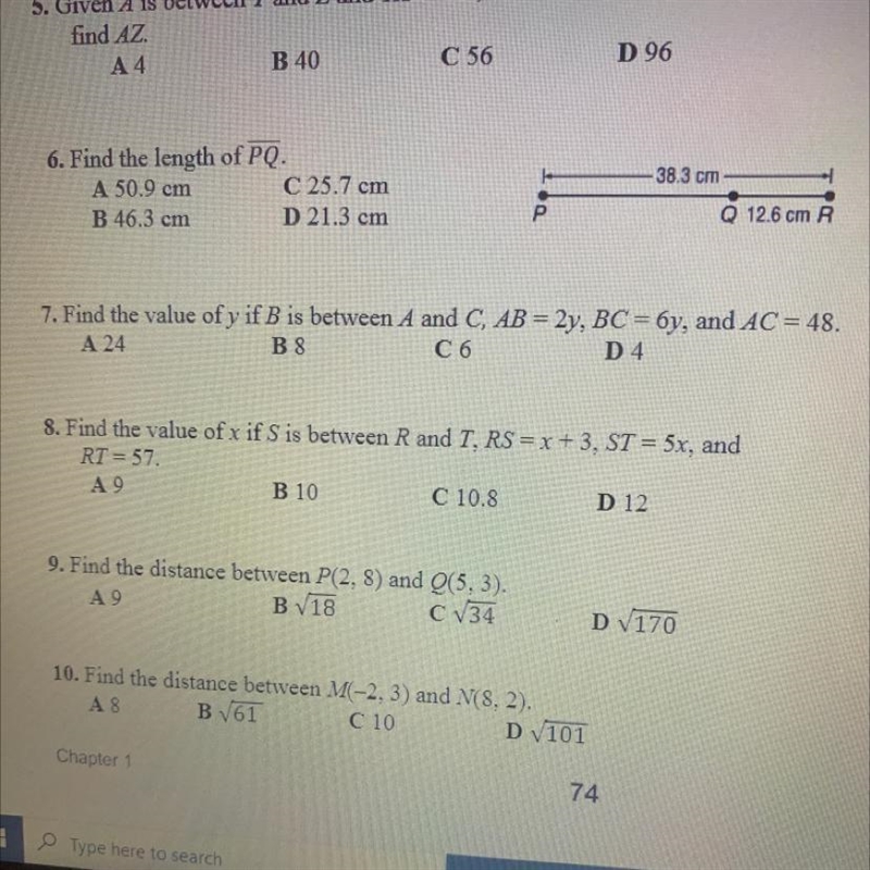 Number 7 please Find the value of y if B is between A and C, AB= 2y, BC= 6y, and AC-example-1