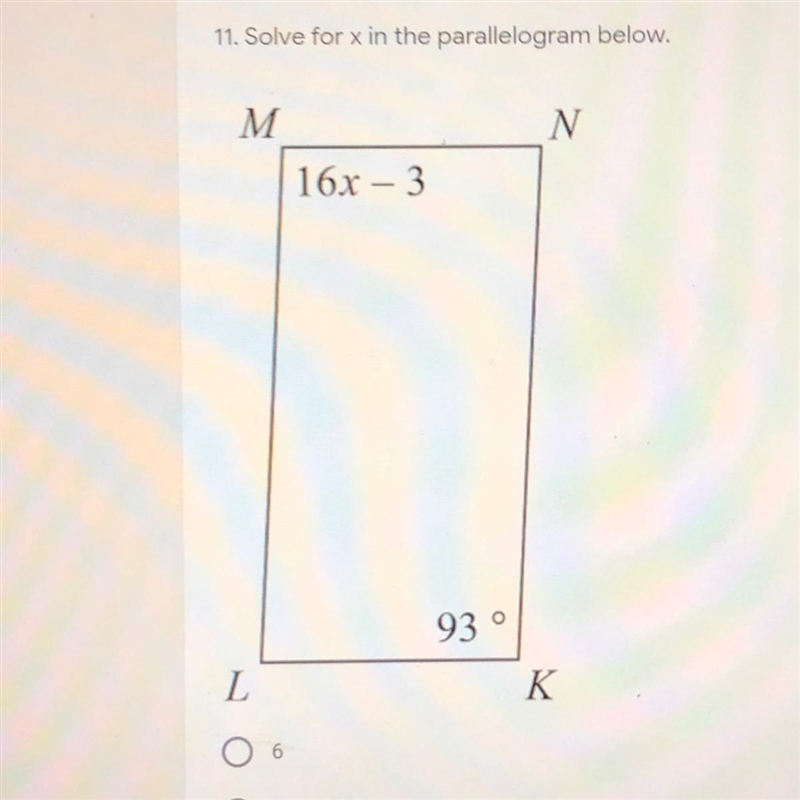 Solve for x in the parallelogram below.1 pointNM16x – 393°KL-example-1