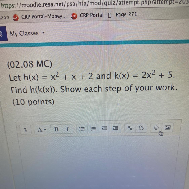 Let h(x)=x^{2}+x+2 and k(x)=2x^{2}+5. Find h(k(x)) . Show each step of your work.-example-1