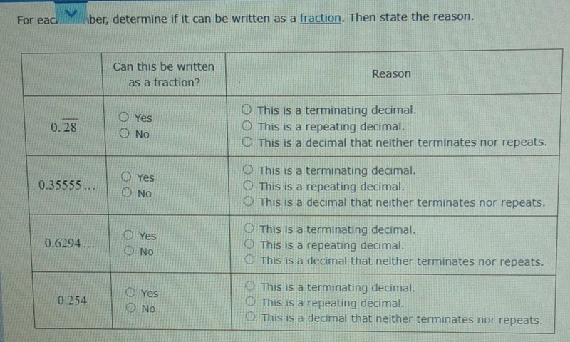 For each number, determine whether it is written as a fraction. Then state the reason-example-1