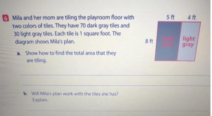 5 ft 4 ft Mila and her mom are tiling the playroom floor with two colors of tiles-example-1