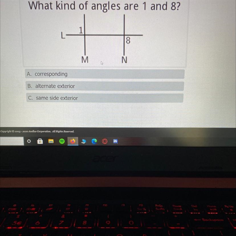 What kind of angles are 1 and 8? A.corresponding B.alternate exterior C.same side-example-1