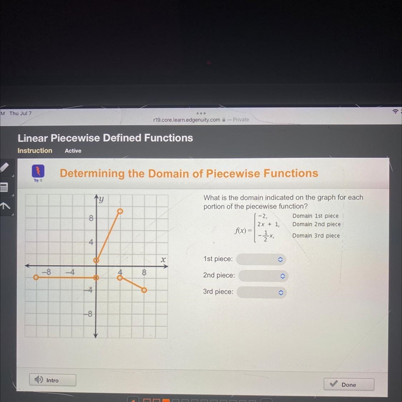 What is the domain indicated on the graph for each portion of the piecewise function-example-1