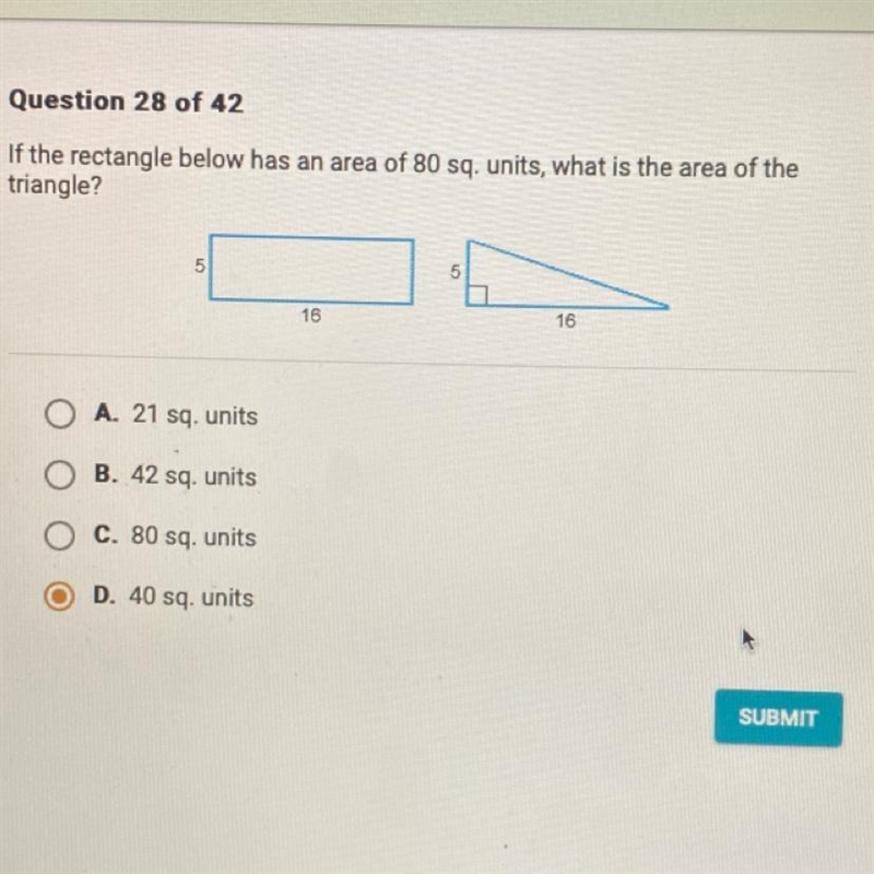 If the rectangle below has an area of 80 sq. units, what is the area of thetriangle-example-1