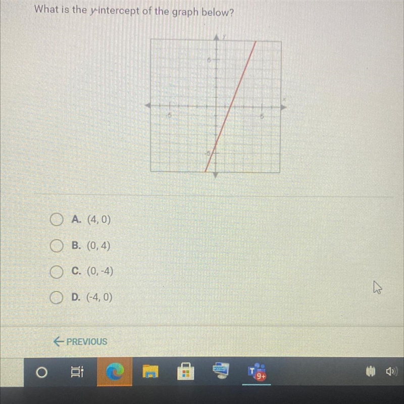 What is the y-intercept of the graph below?A. (4,0)O B. (0,4)O C. (0, -4)D. (-4,0)-example-1