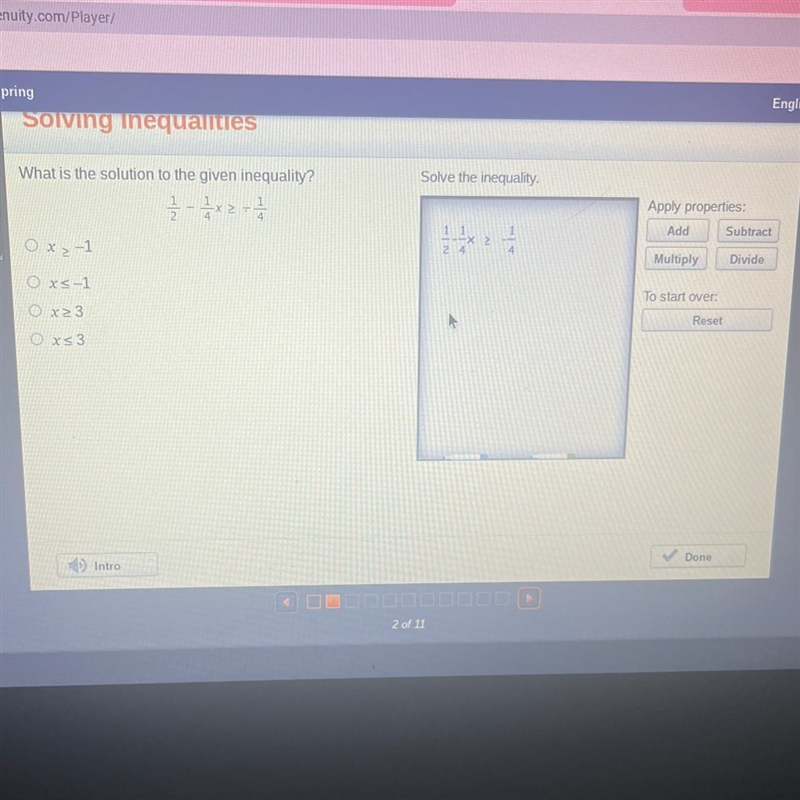 What is the solution to the given inequality? 1/2-1/4x>-1/4-example-1