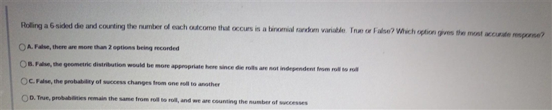 Rolling a 6-sided die and counting the number of each outcome that occurs is a binomial-example-1