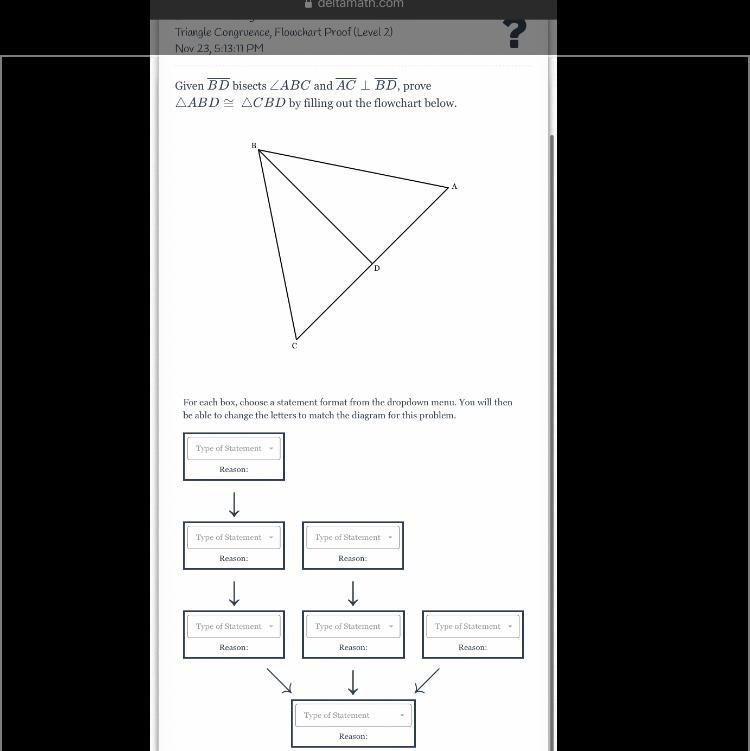 Given BD bisects ABC and AC is perpendicular to BD prove ABD =CBD by filling out the-example-1