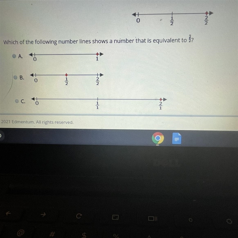 Which of the following number lines shows a number that is equivalent to 2/2?-example-1