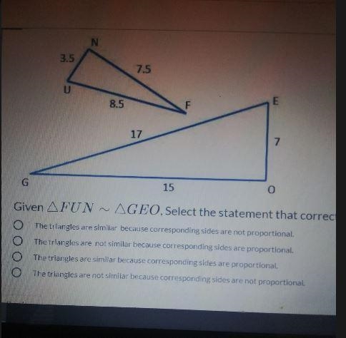 Given FUN= GEO Select the statement that correctly describes the triangle-example-1