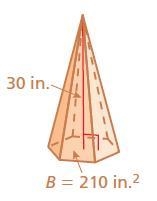 Find the volume of the pyramid. A pentagonal pyramid with base labeled as B equals-example-1