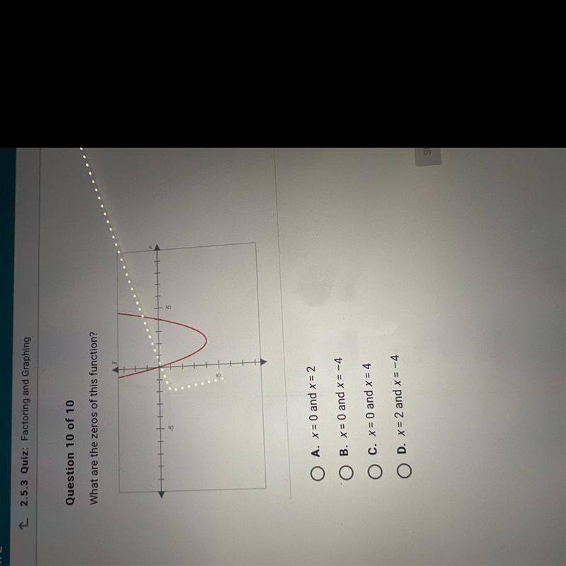 What are the zeros of this function? 5 O A. x = 0 and x = 2 O B. x = 0 and x = -4 O-example-1