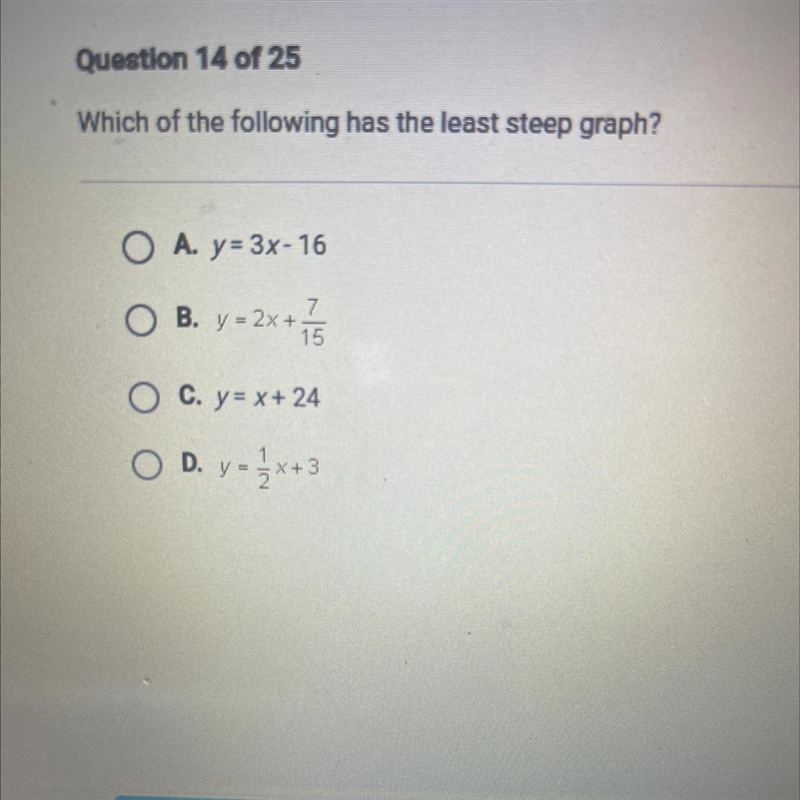 Which of the following has the least steep graph?-example-1