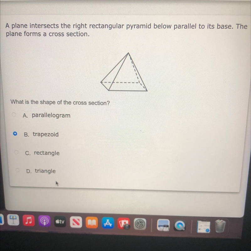 A plane intersects the right rectangular pyramid below parallel to its base. Theplane-example-1