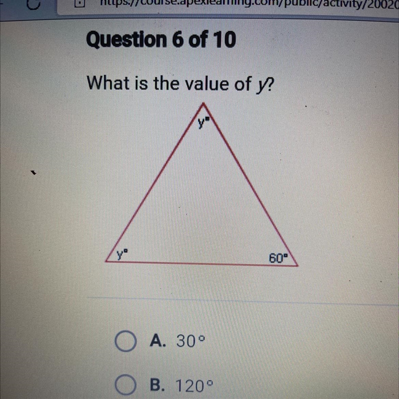 What is the value of y? OA. 30° OB. 120° OC. 60° 60-example-1