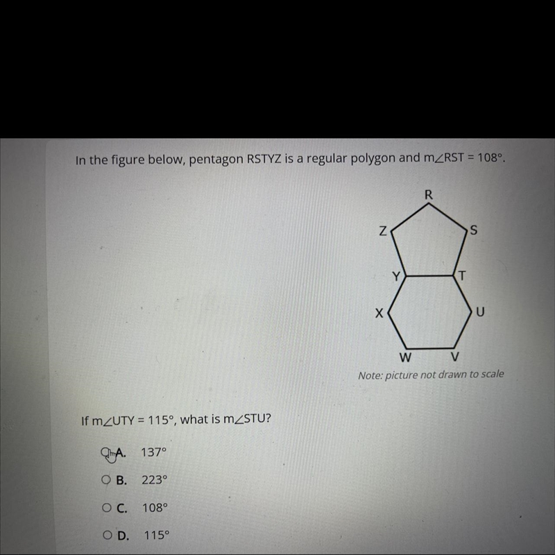 In the figure below, pentagon RSTYZ is a regular polygon and m/RST = 108⁰.If m/UTY-example-1