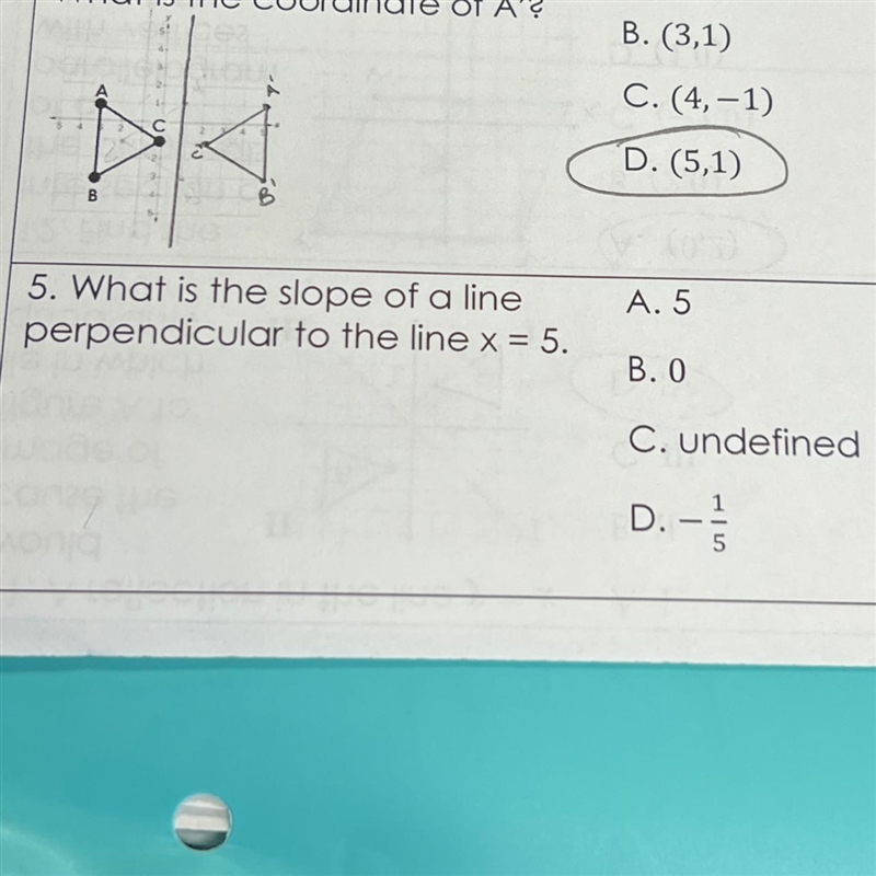 What is the slope of a lineperpendicular to the line x = 5.-example-1