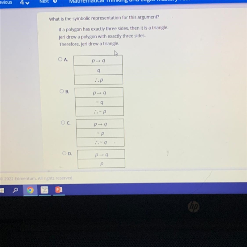 What is the symbolic representation for this argument? If a polygon has exactly three-example-1