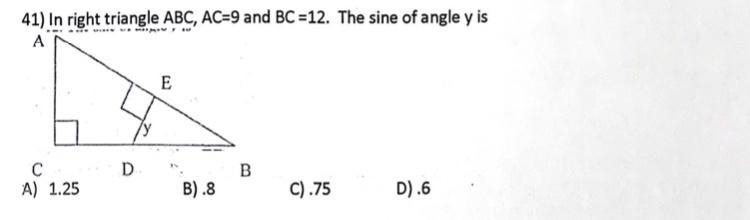 41) In right triangle ABC, AC = 9 and BC = 12 The sine of angle y is-example-1