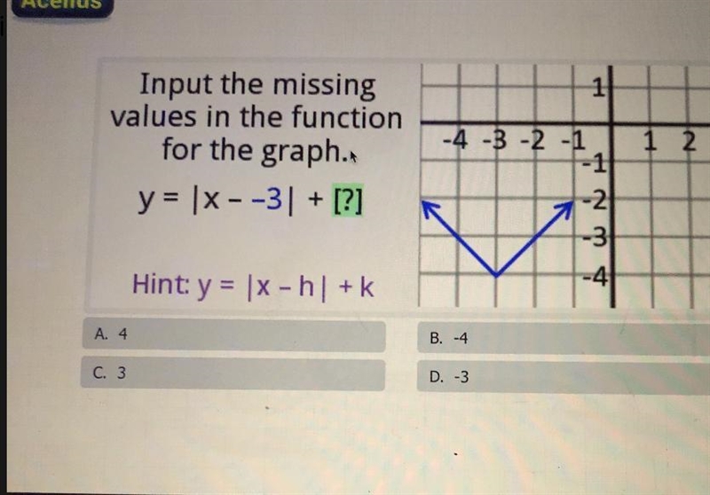 1Input the missingvalues in the functionfor the graph.y = |x--3] + [?]-example-1