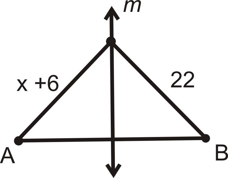 Line m is a perpendicular bisector for AB⎯⎯⎯⎯⎯Find x.A) x = 16B) x =10C) x =28D) x-example-1