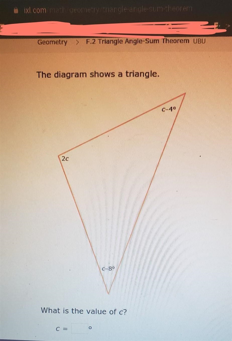 not a test, ixl help please! geometry triangle angle sum theorem2c + (c-4) + (c-8) = 180what-example-1