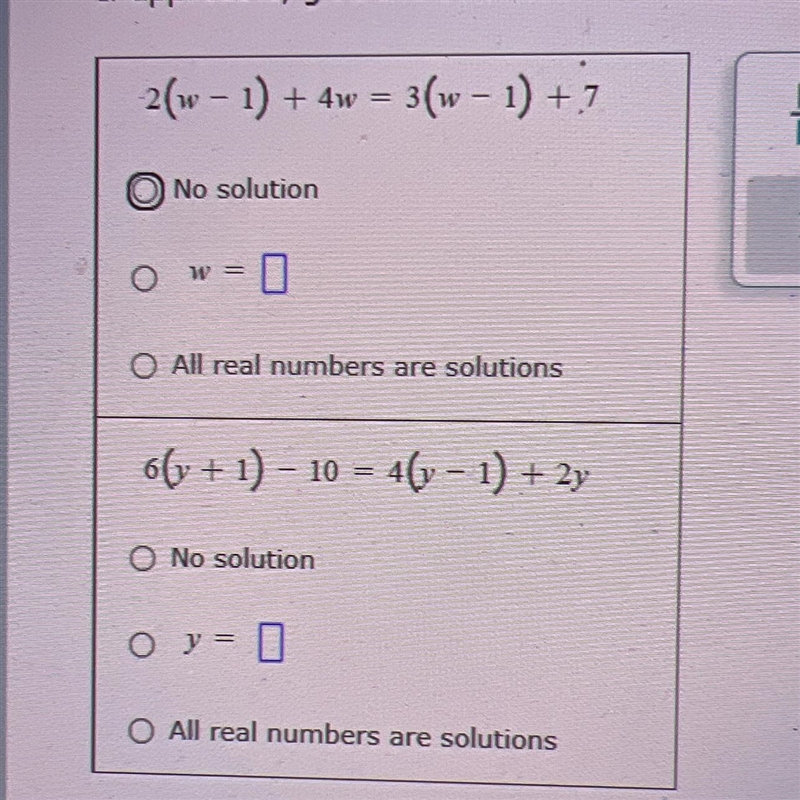 For each equation, choose the statement that describes its solution. If applicable-example-1