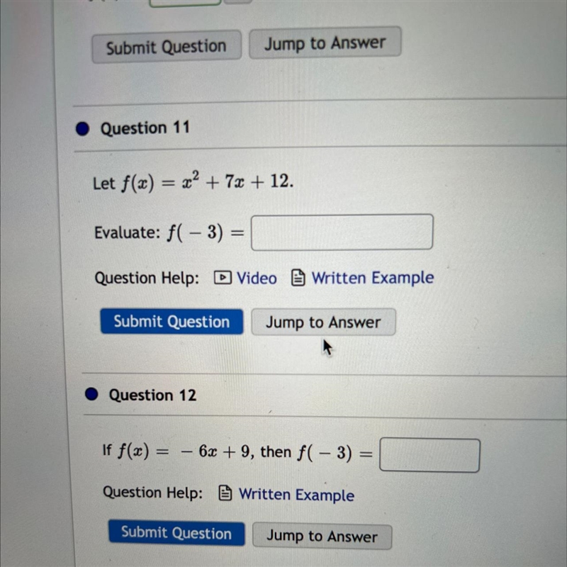 Let f(x) = x² + 7x + 12. 2 Evaluate: f(-3) =-example-1