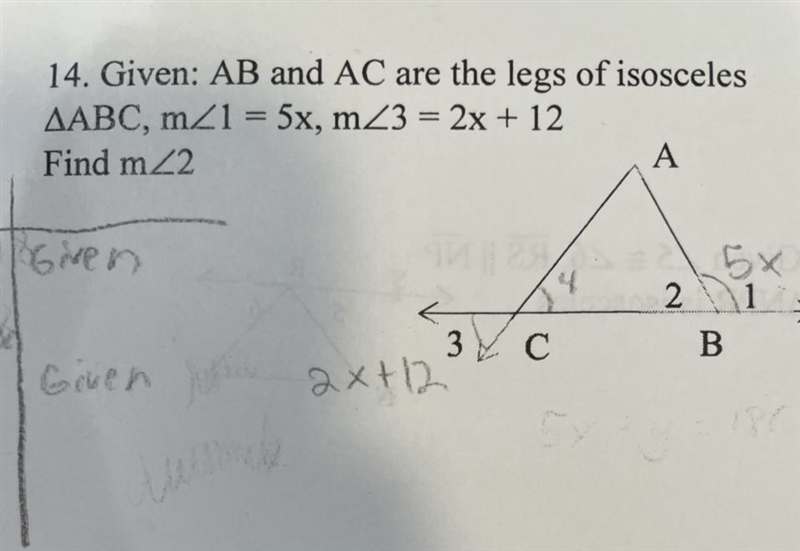 Geometry question - Given: AB and AC are the legs of isosceles triangle ABC, measure-example-1