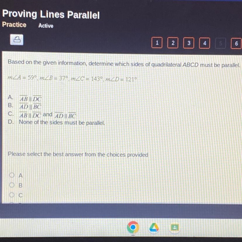 Based on the given information determine which sides of quadrilateral ABCD must be-example-1