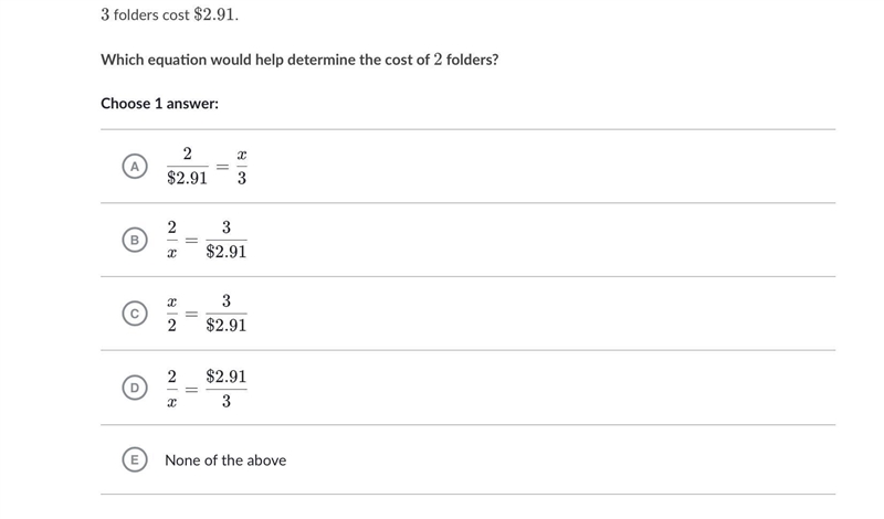 3 folders cost $2.91. Which equation will help determine the cost of 2 folders?-example-1