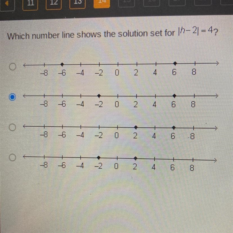 Which number line shows the solution set for 1h-21 = 4?-example-1