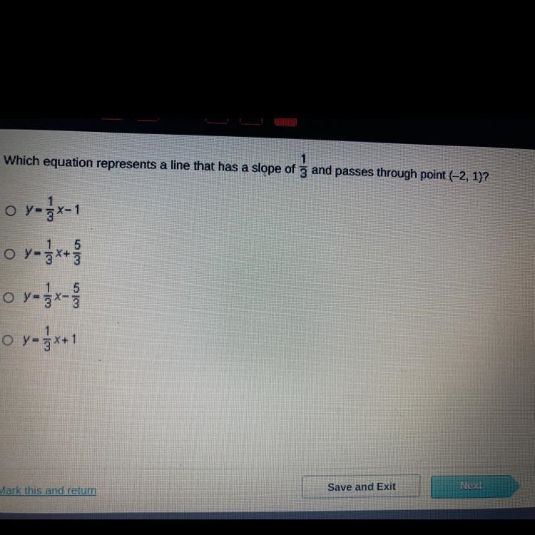 1Which equation represents a line that has a slope of g and passes through point (-2, 1)?y-example-1