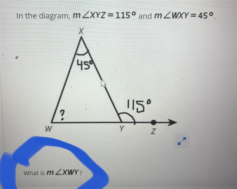 In the diagram, m ZXYZ = 115° and mZWXY = 45° Х-example-1