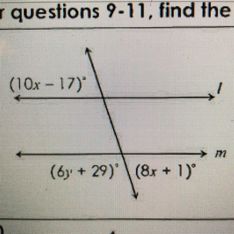 Find the values of x and y if / || m.9.(10x - 17)17(6) + 29) (8x + 1)-example-1