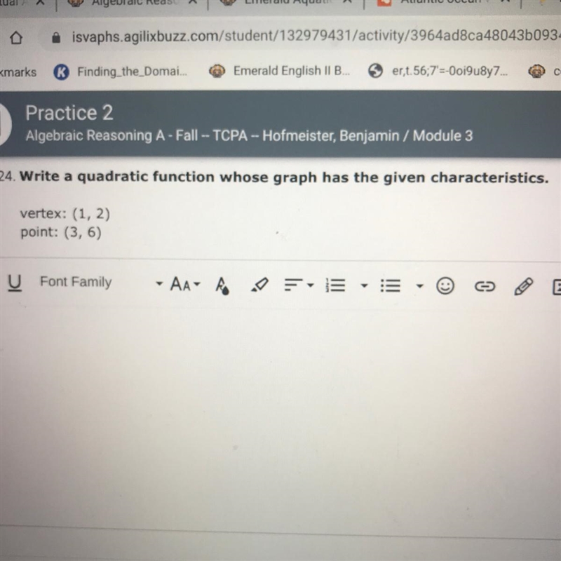 Write a quadratic function whose graph has the given characteristics.Vertex: (1,2)Point-example-1