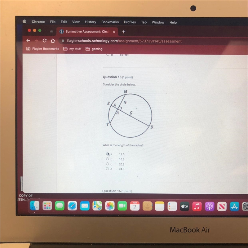 Consider the circle below what is the length of the radius-example-1