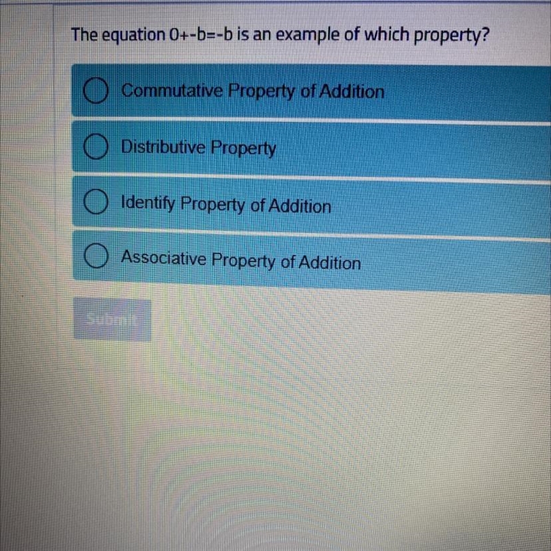 The equation 0 -b=-b is an example of which property-example-1