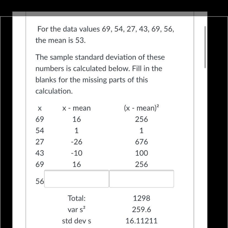 For the data values 69, 54, 27, 43, 69, 56, the mean is 53.The sample standard deviation-example-1