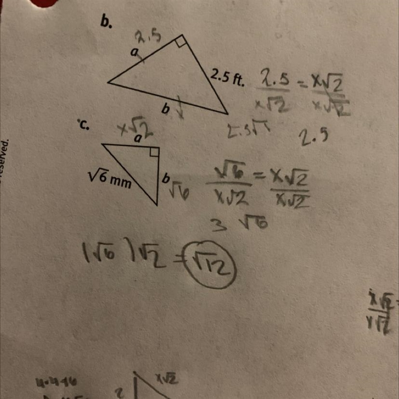 How would I do b I’m confused it’s asking for each 45-45-90 triangle find a and b-example-1