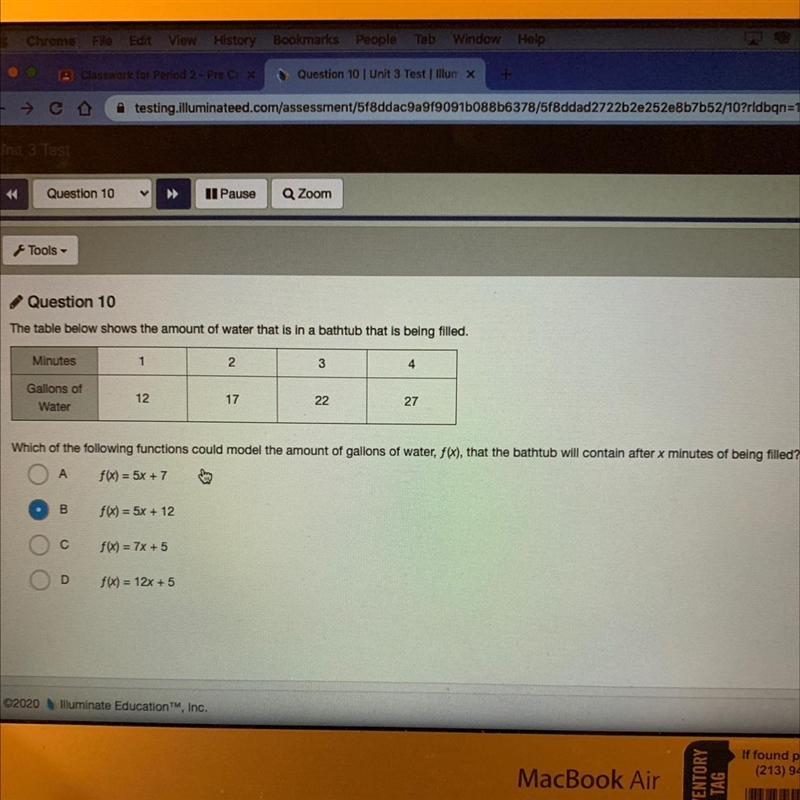 Question 10The table below shows the amount of water that is in a bathtub that is-example-1