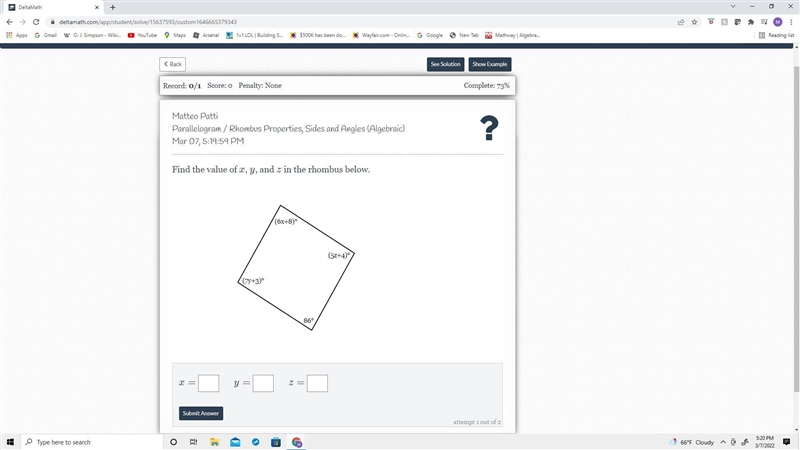 Find the value of x, y, and z in the rhombus below.-example-1