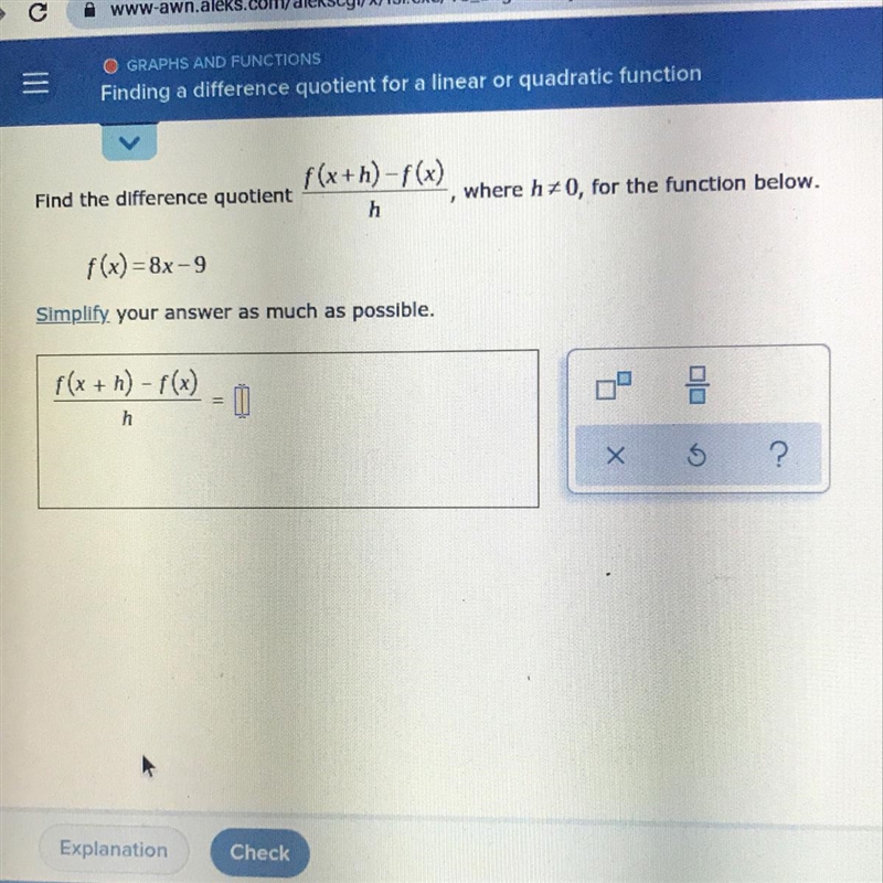 f(x+h)-f(x)Find the difference quotienthwhere h20, for the function below.f(x) = 8x-example-1