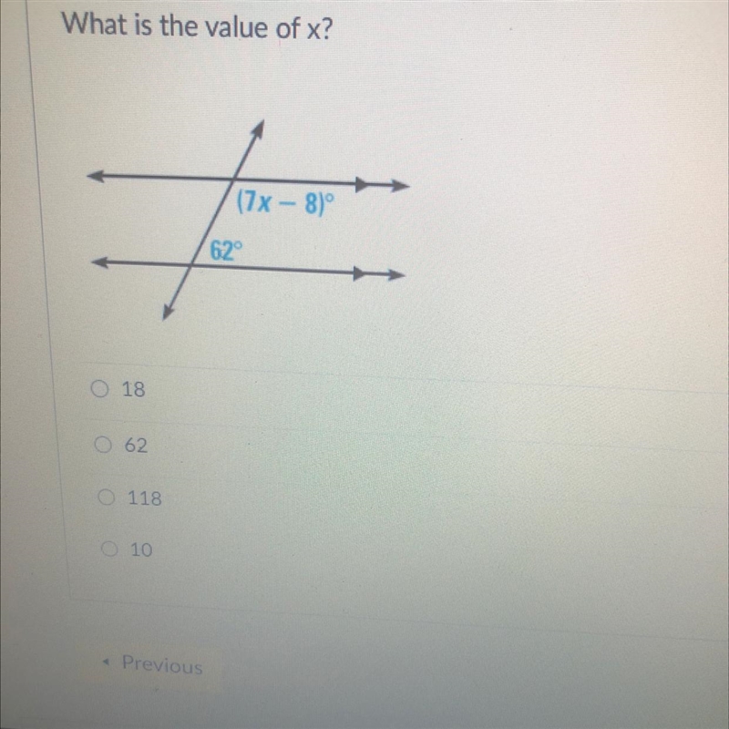 What is the value of x? (7x – 8)° you 62°-example-1