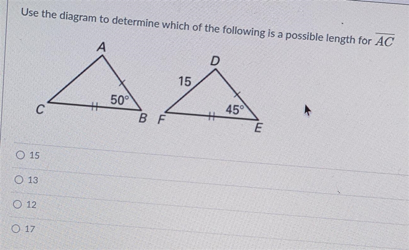 Use the diagram to determine which of the following is a possible length for AC.-example-1