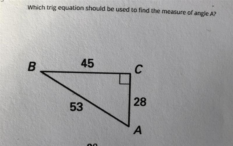 Write a trig equation to be used to find the measure of angle A?-example-1