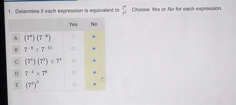 Determine if each expression is equivalent to \frac{ {7}^(6) }{ {7}^(3) }-example-1