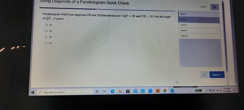 parallelogram QRS has diagonals PR and SQ that intersect at T QT equals 21 and TR-example-1